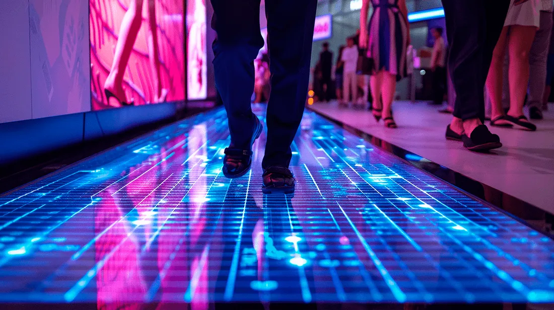 Ilustración de personas caminando sobre un suelo LED con gráficos azules