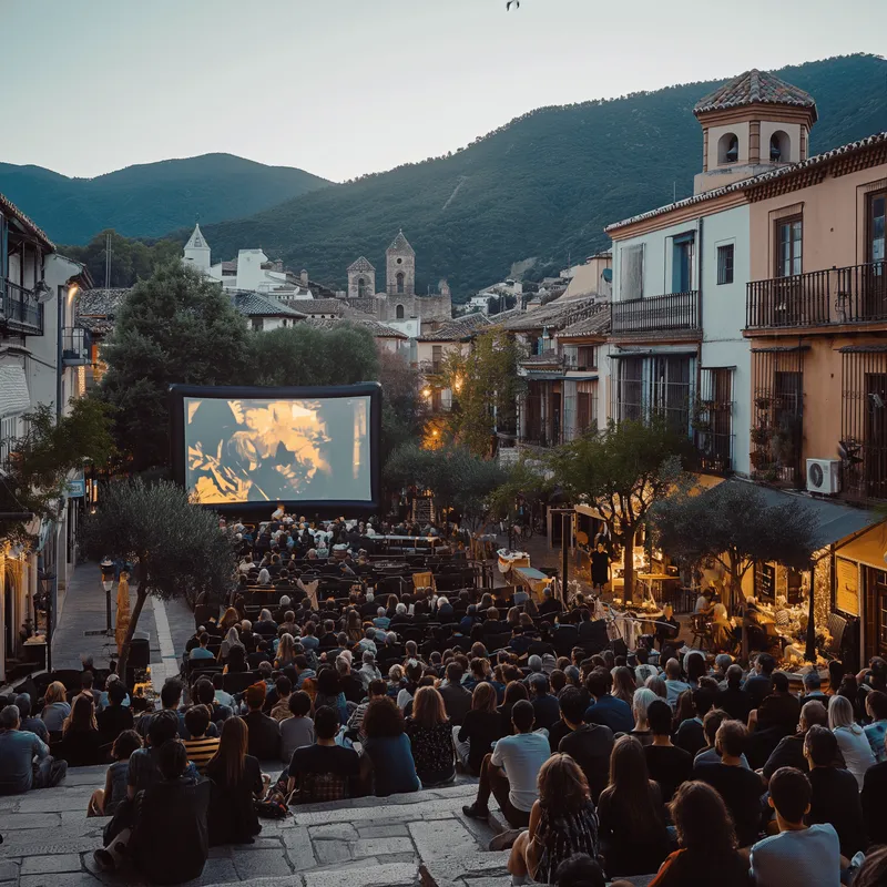 Proyección audiovisual para público en una plaza