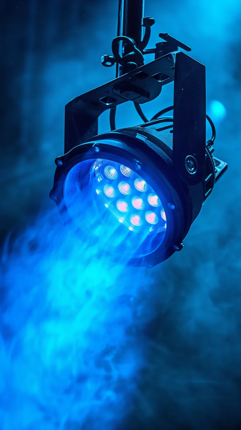 Ilustración de un foco suspendido emitiendo luz azul