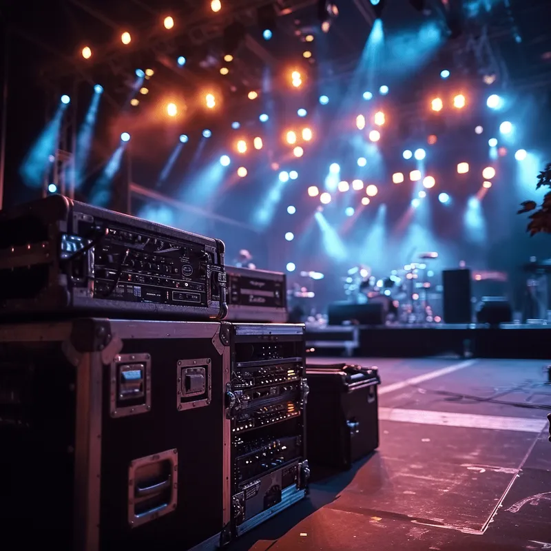 Ilustración de equipos de sonido frente a un escenario de concierto