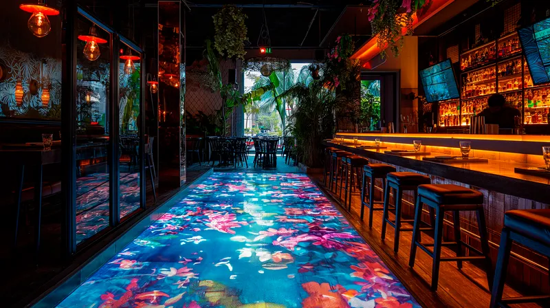 Ilustración de un bar con una franja de suelo LED de motivos florales