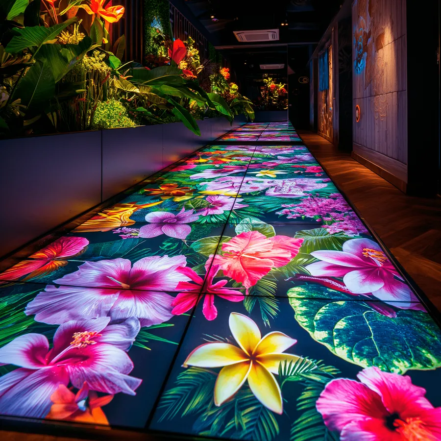 Ilustración de un pasillo con suelo LED mostrando motivos florales