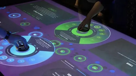 Manos utilizando una mesa interactiva multitáctil