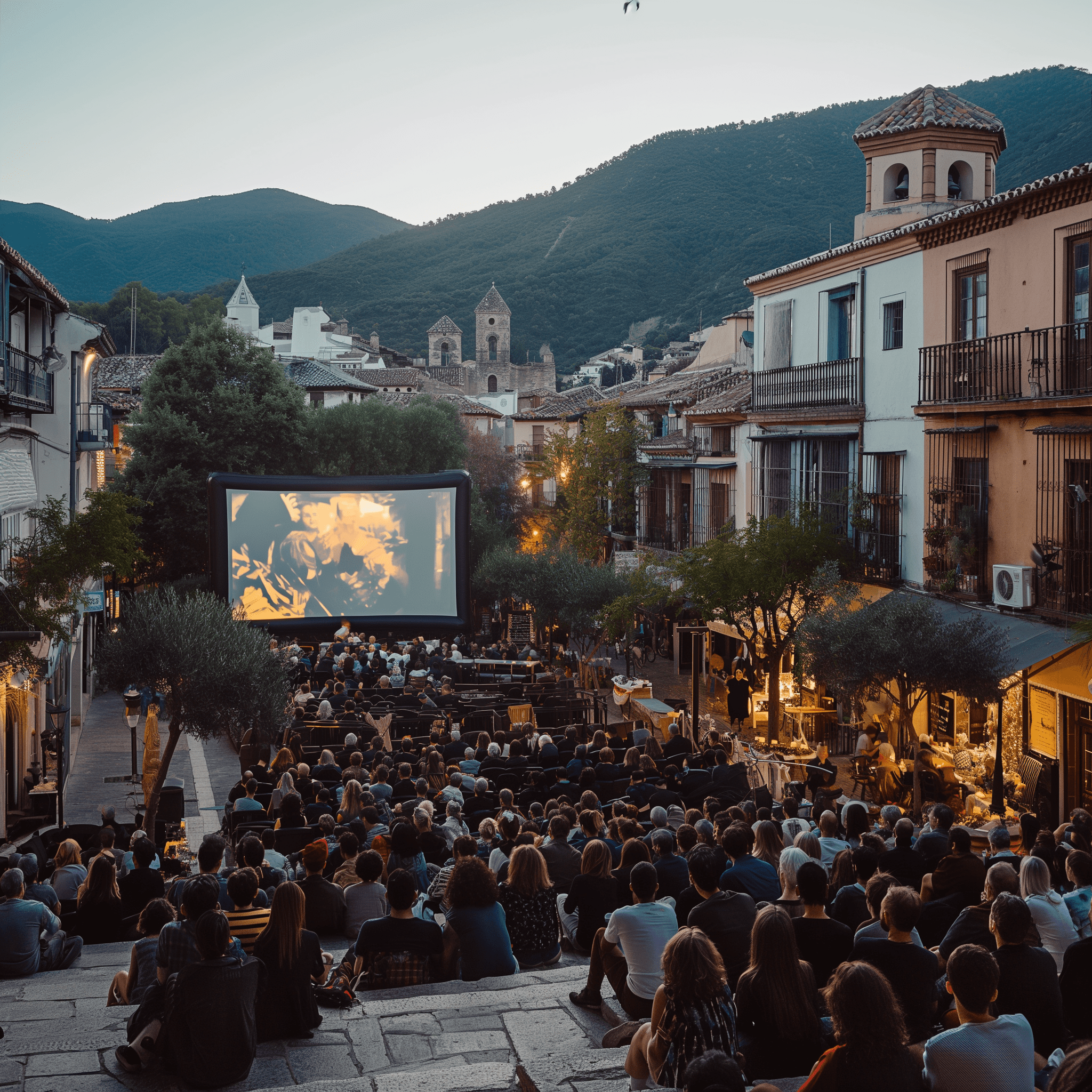 Grupo de personas viendo una proyección en un pueblo
