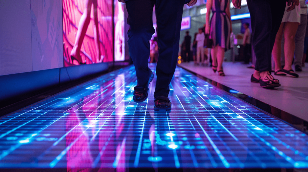 Personas caminando sobre un suelo LED iluminado con efectos visuales de temática espacial, añadiendo una dimensión futurista y envolvente a eventos en un entorno urbano.