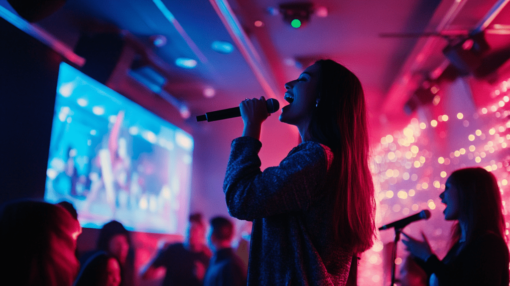Empleados participando en karaoke corporativo en una cena de empresa navideña, con pantalla y equipo audiovisual.