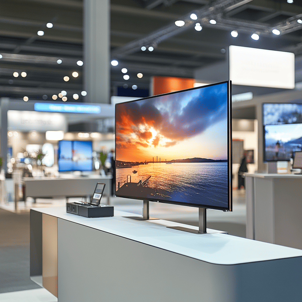 Monitor LED sobre una mesa en un stand de evento