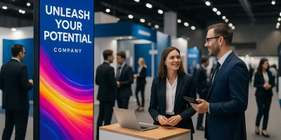 Totem LED publicitario en feria profesional