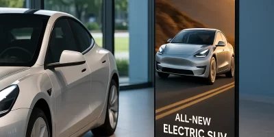 Póster LED mostrando publicidad de lanzamiento de coche eléctrico